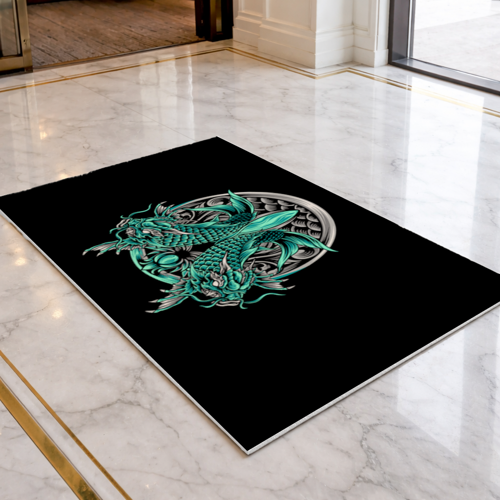 Turquoise Twin Dragon Emblem Design Doormat