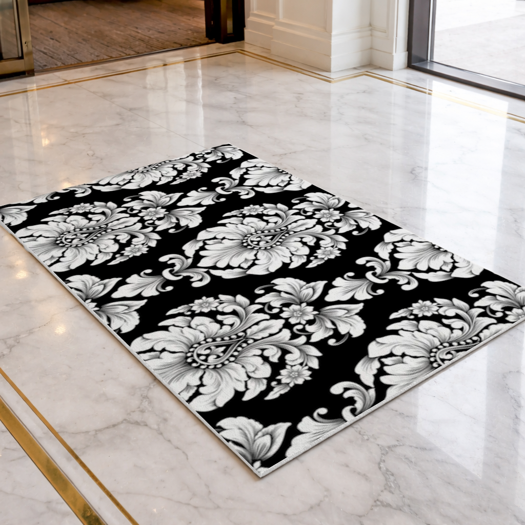 Black and White Baroque Floral Pattern Doormat