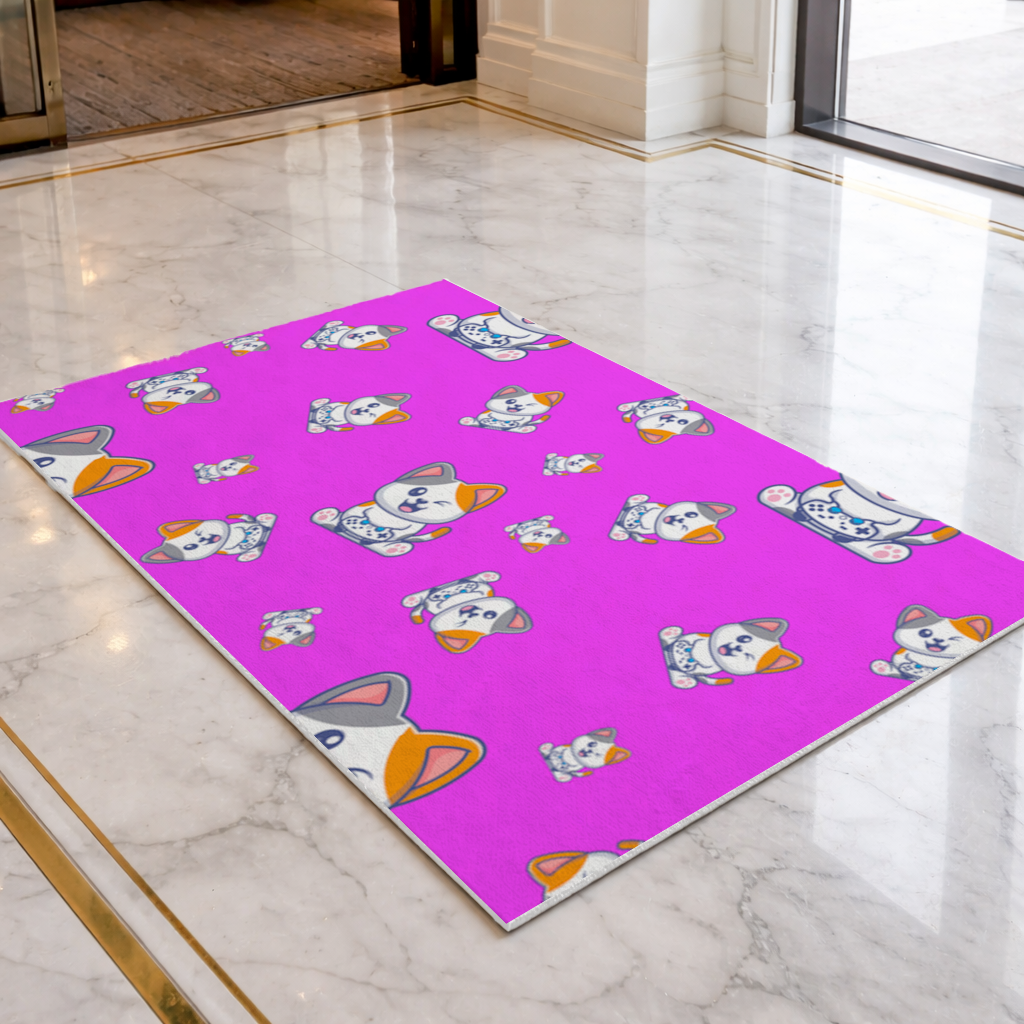 Cute Cartoon Cat Pattern on Pink Background Doormat