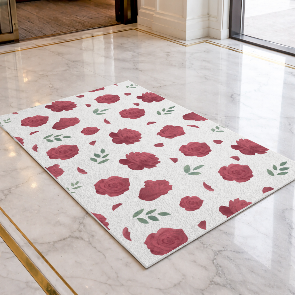 Red Rose and Leaf Romantic Seamless Pattern Doormat