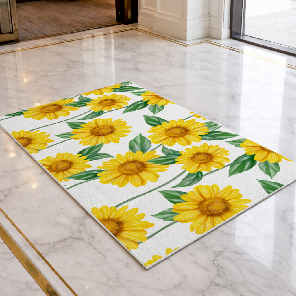Vibrant Yellow Sunflower and Green Leaf Pattern Illustration Doormat