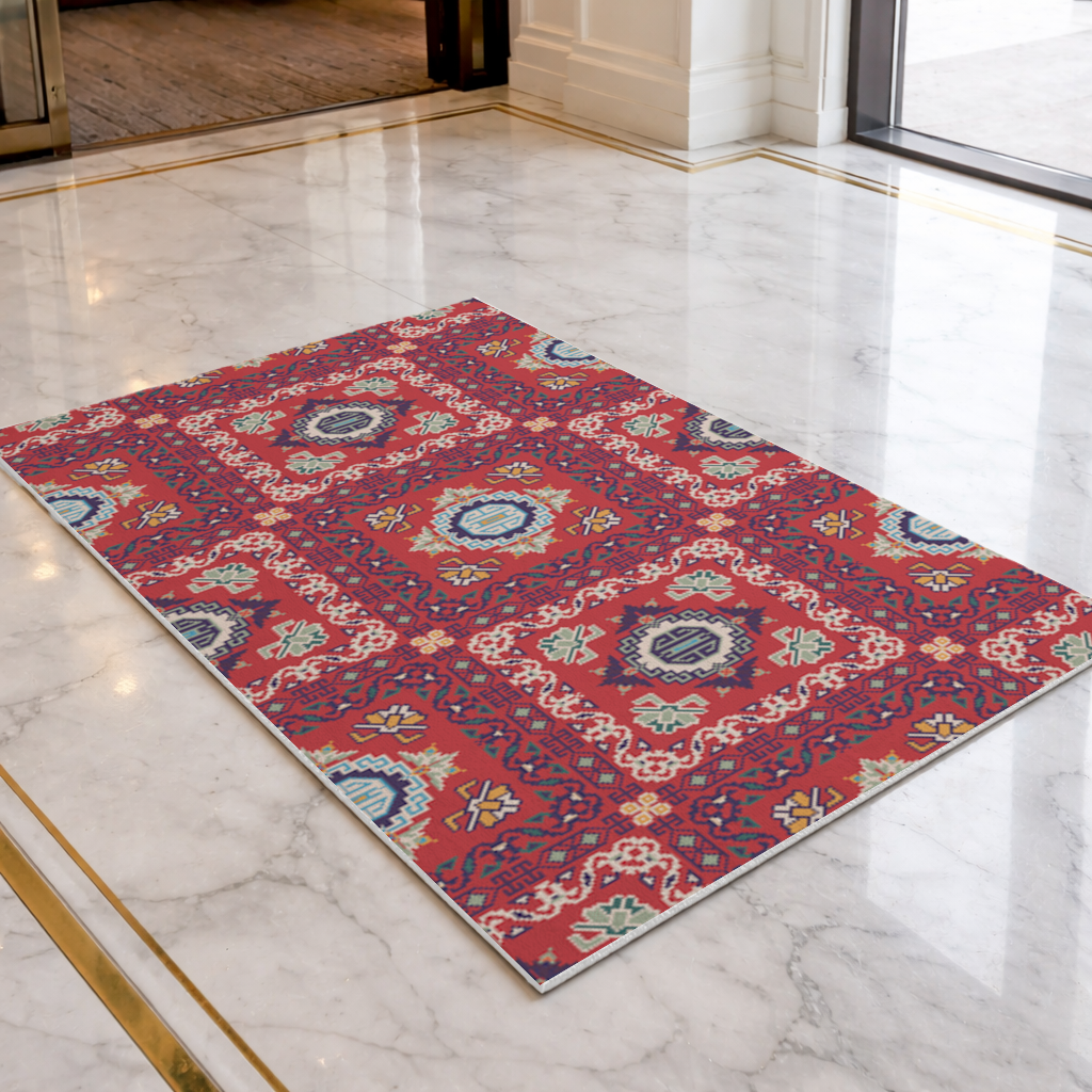 Traditional Kilim Inspired Red Ethnic Geometric Pattern Doormat