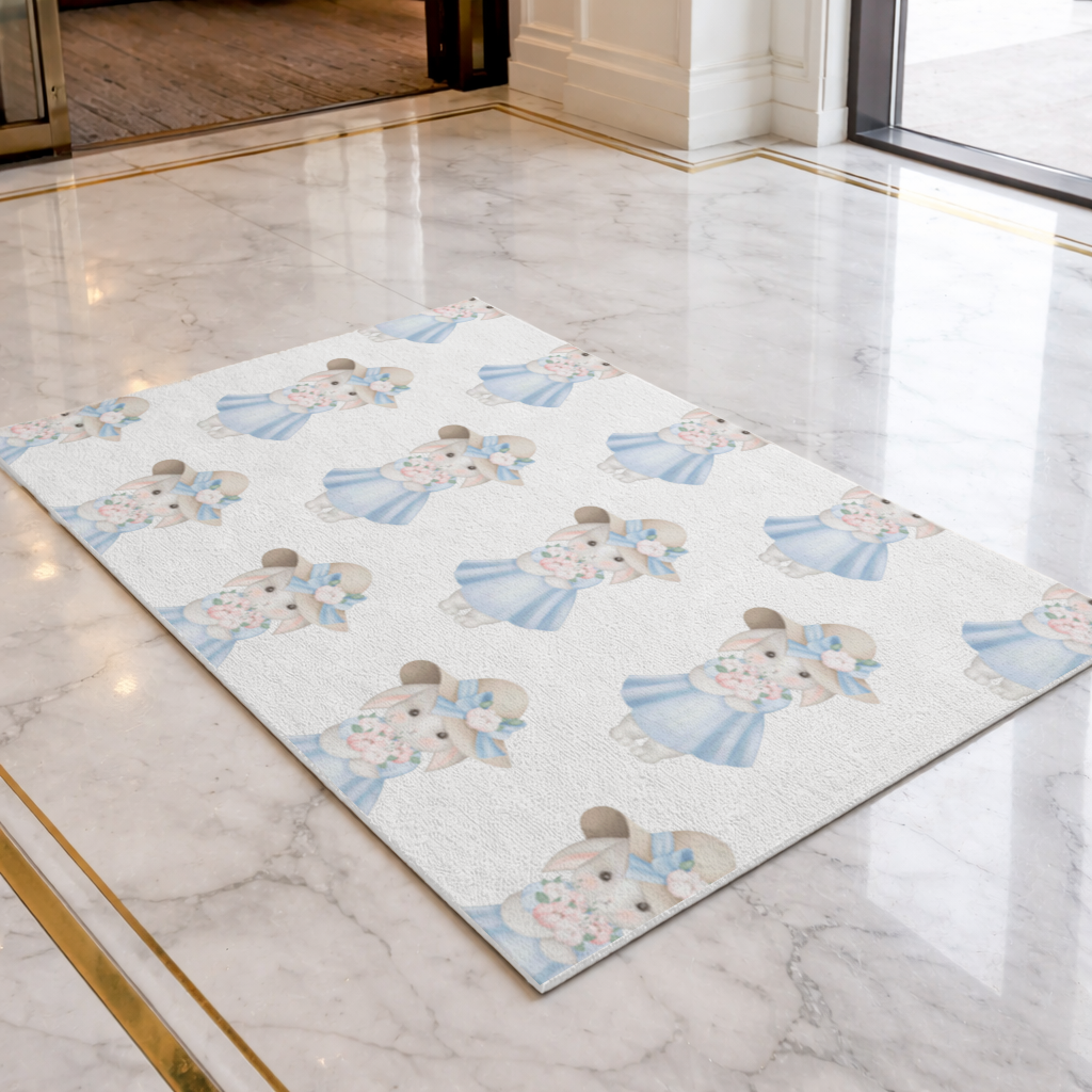 Cute Bunny with Hat Holding Flowers Doormat