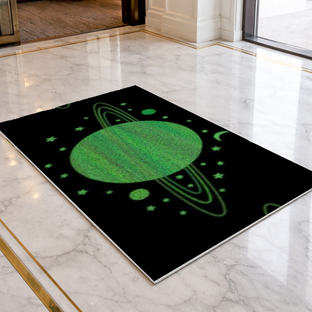 Green planets on a black background. Doormat