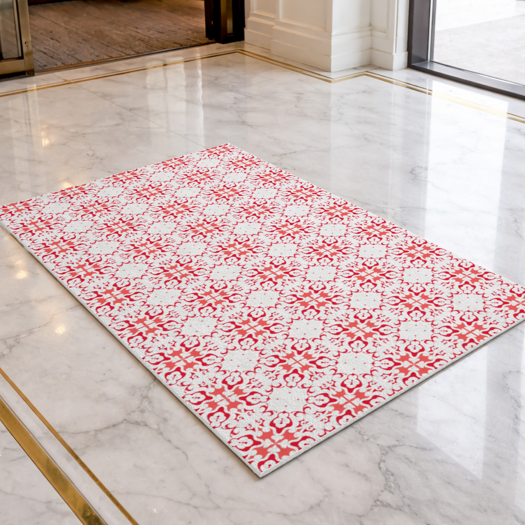 Red and White Traditional Tile Style Pattern Doormat