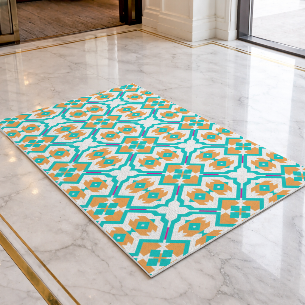 Turuncu ve Turkuaz Geometrik Desen Kapı Önü Paspası