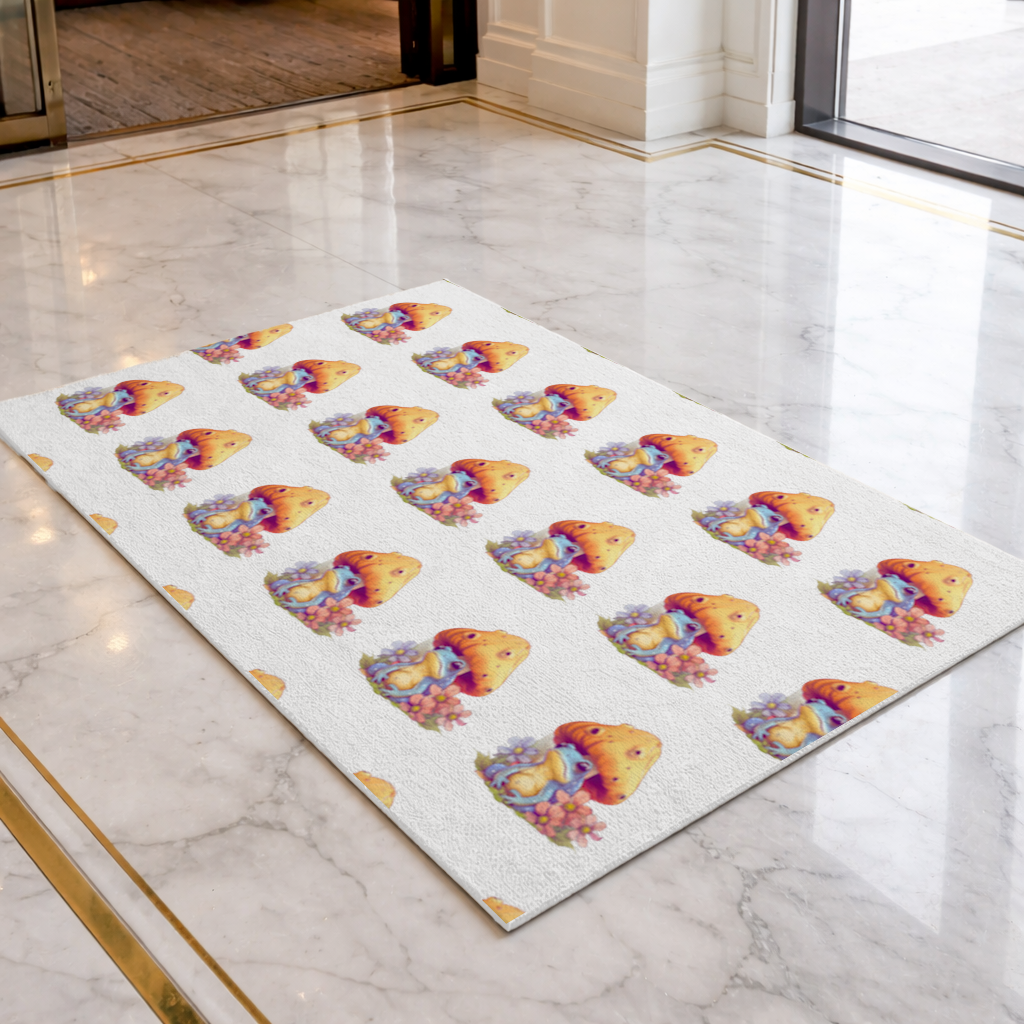 Blue Frog Resting Under Orange Mushroom Doormat