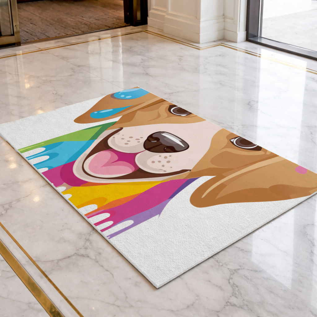 Happy Dog with Colorful Paint Drips Doormat