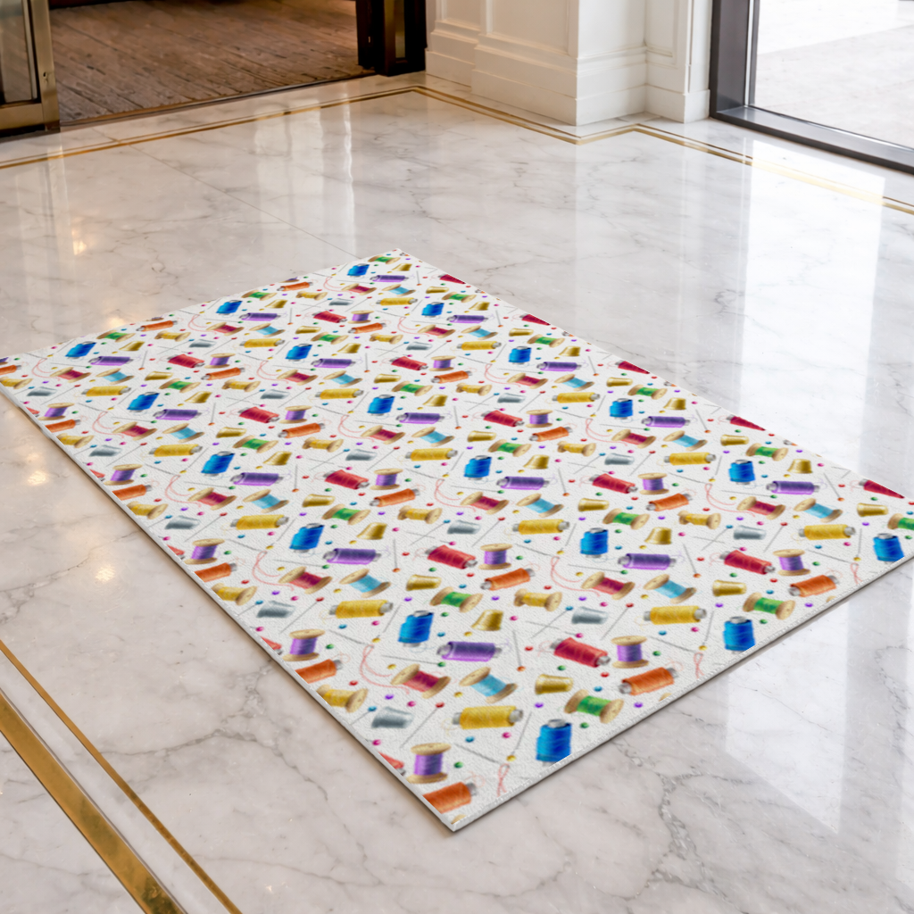 Colorful Thread Spools and Sewing Tools Pattern Doormat