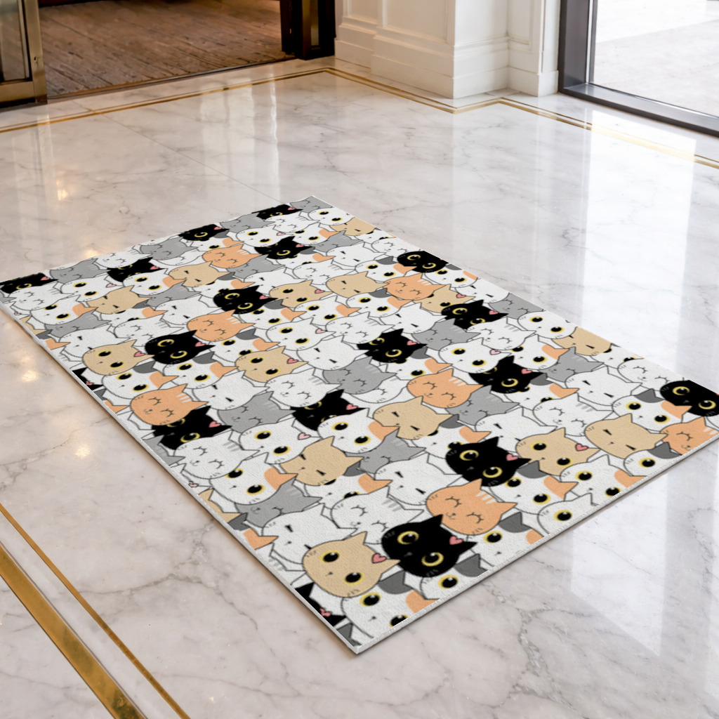Colorful Cute Cat Faces Seamless Pattern Doormat