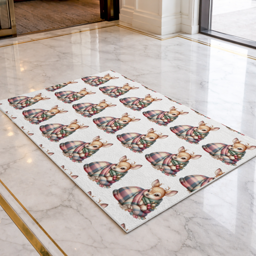 Kawaii Baby Deer with Plaid Scarf Doormat