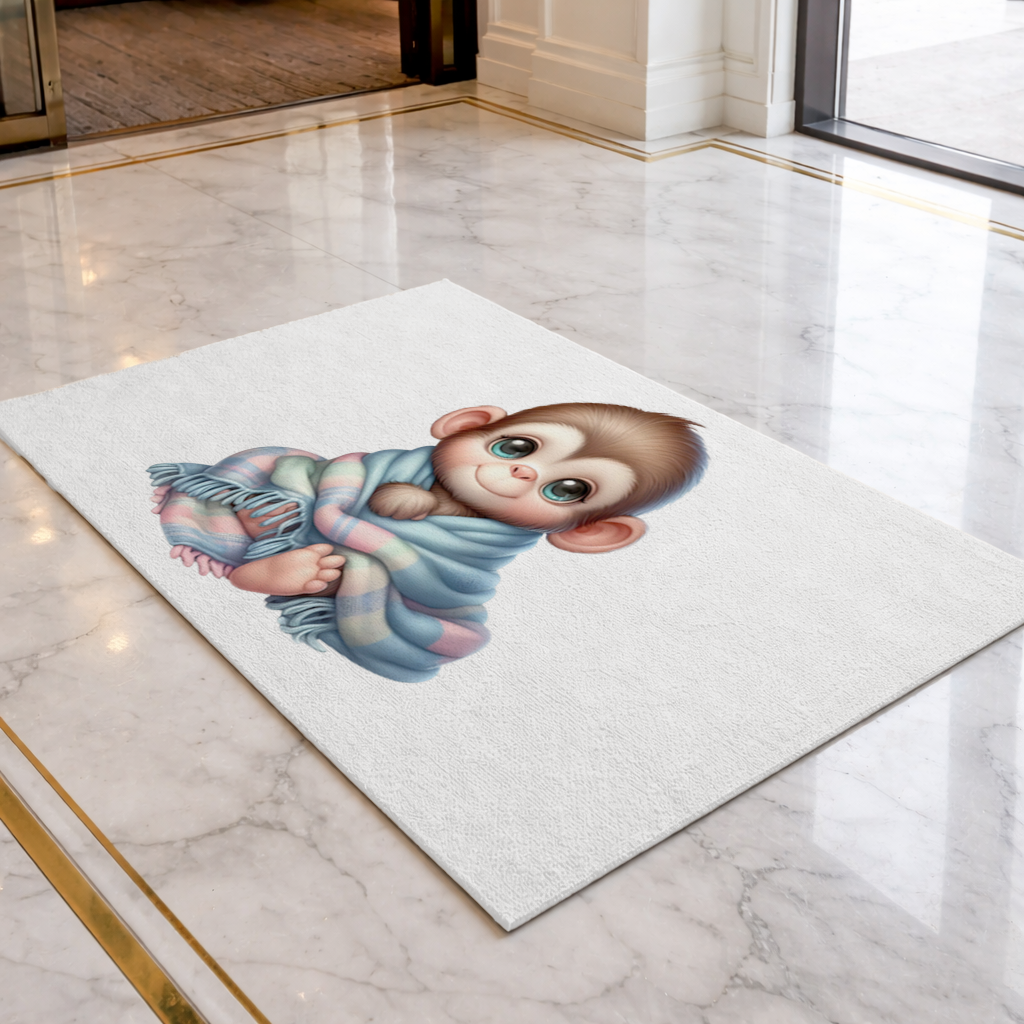 Cute Baby Monkey Wrapped in Blanket Doormat