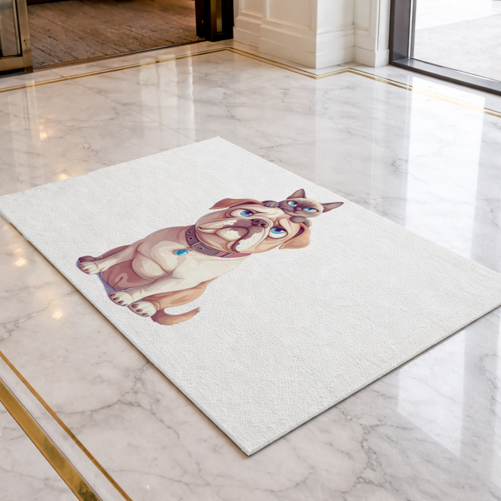 Sad Pug with Siamese Cat on Head Doormat