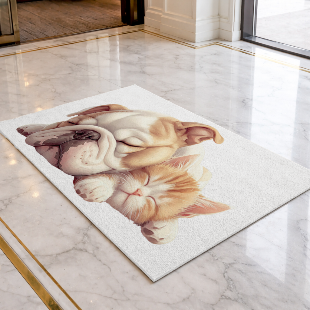 Sleeping Bulldog and Ginger Kitten Doormat