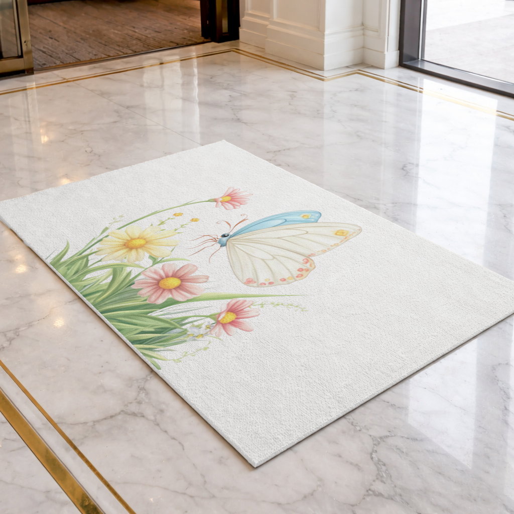 Pastel Kelebek ve Kır Çiçekleri Bahçesi Kapı Önü Paspası