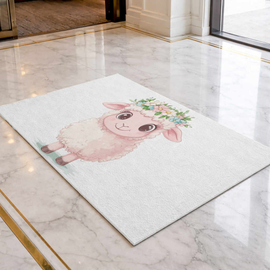 Kawaii Çiçek Taçlı Pembe Kuzu Kapı Önü Paspası