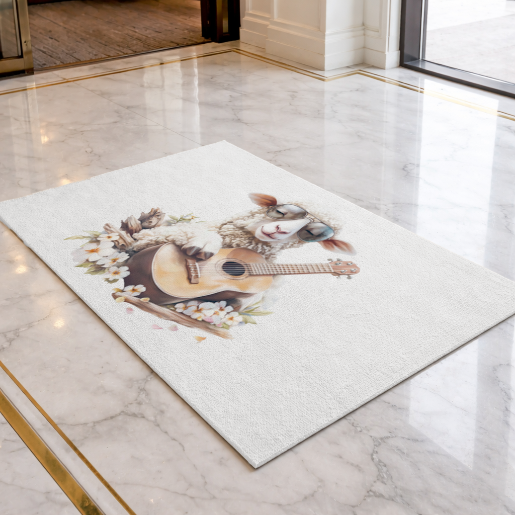 Cool Sheep Playing Ukulele with Flowers Doormat