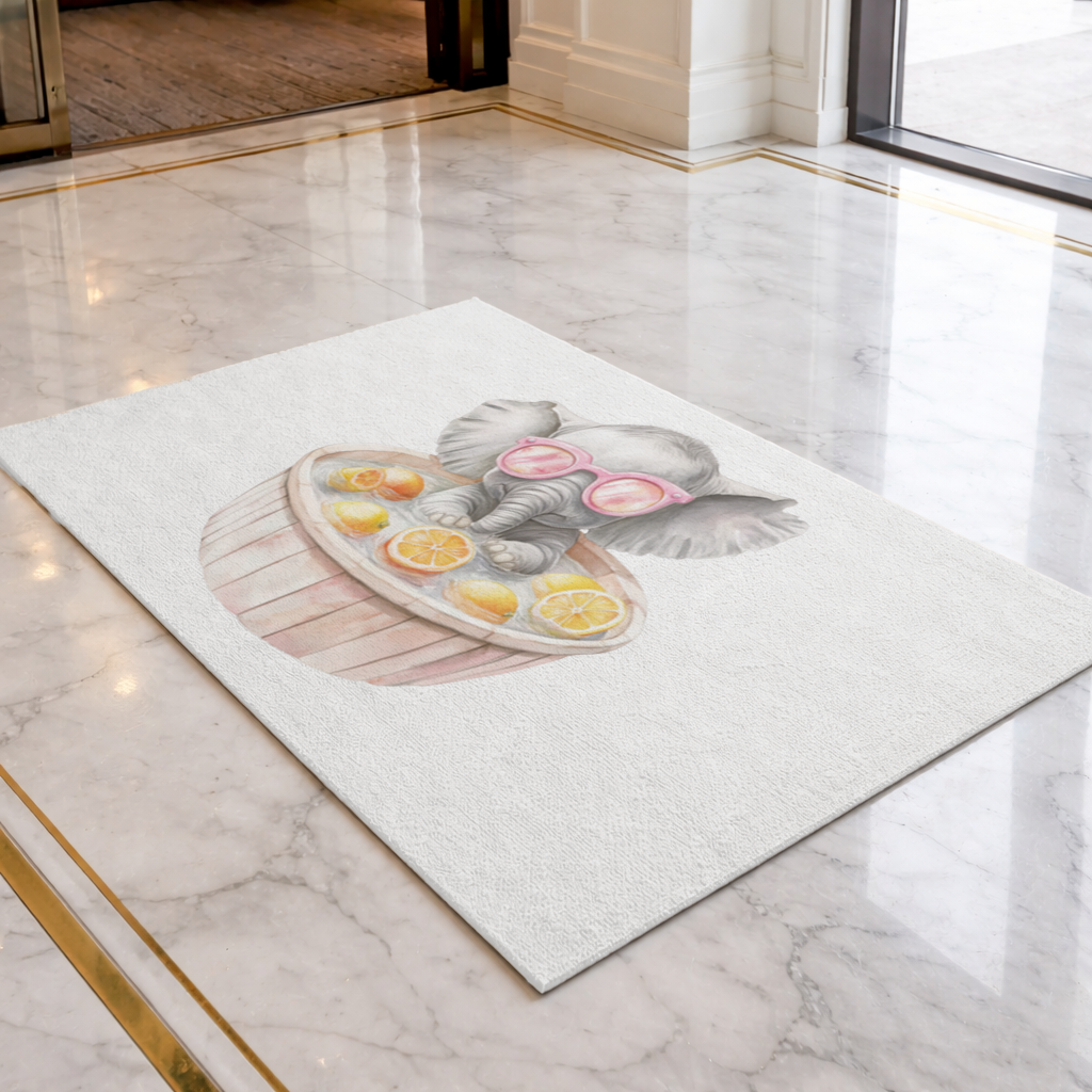 Pembe Gözlüklü Bebek Fil ve Narenciye Banyosu Kapı Önü Paspası