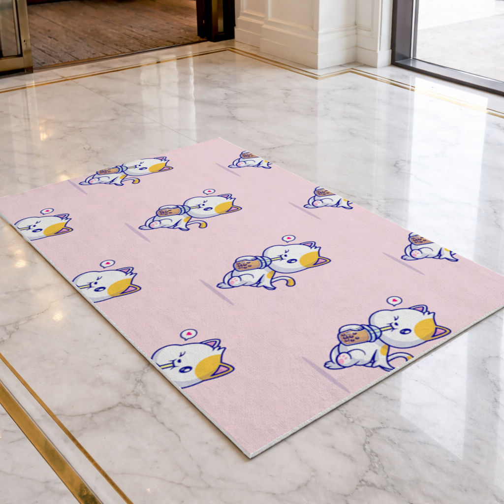 Boba Çayı İçen Kawaii Kedi Kapı Önü Paspası