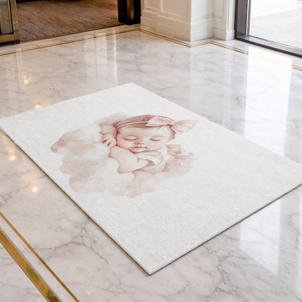 Pembe Kurdeleli Uyuyan Kız Bebek Kapı Önü Paspası