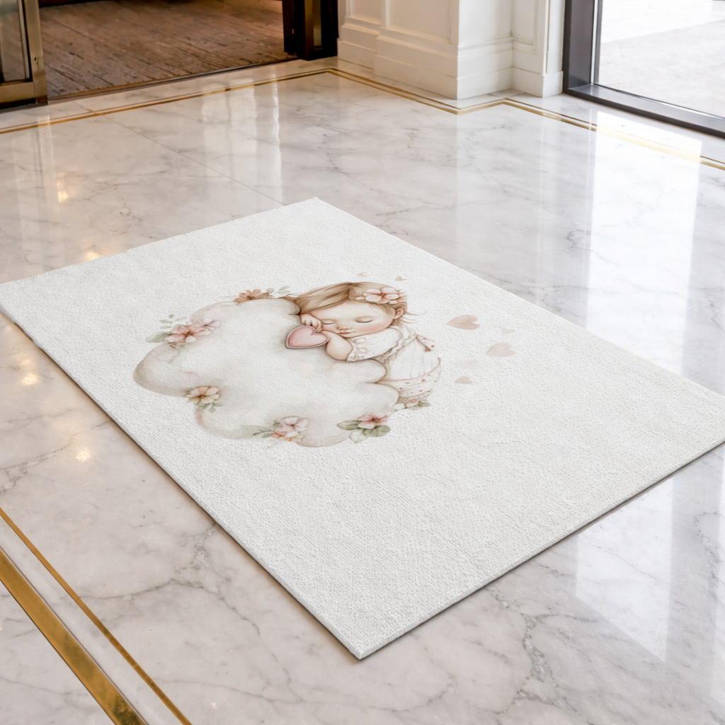 Bulut Üstünde Uyuyan Çiçekli Bebek Kapı Önü Paspası