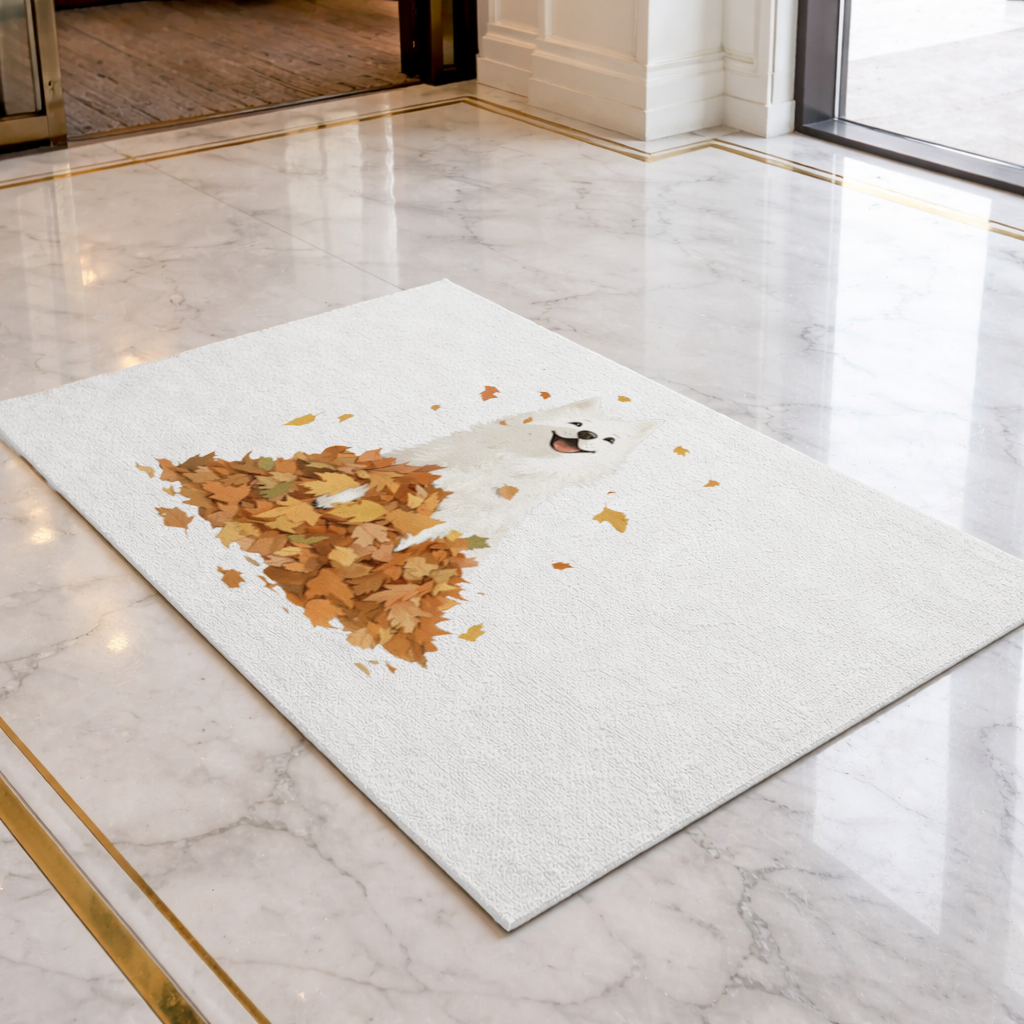 Happy White Dog in Autumn Leaves 