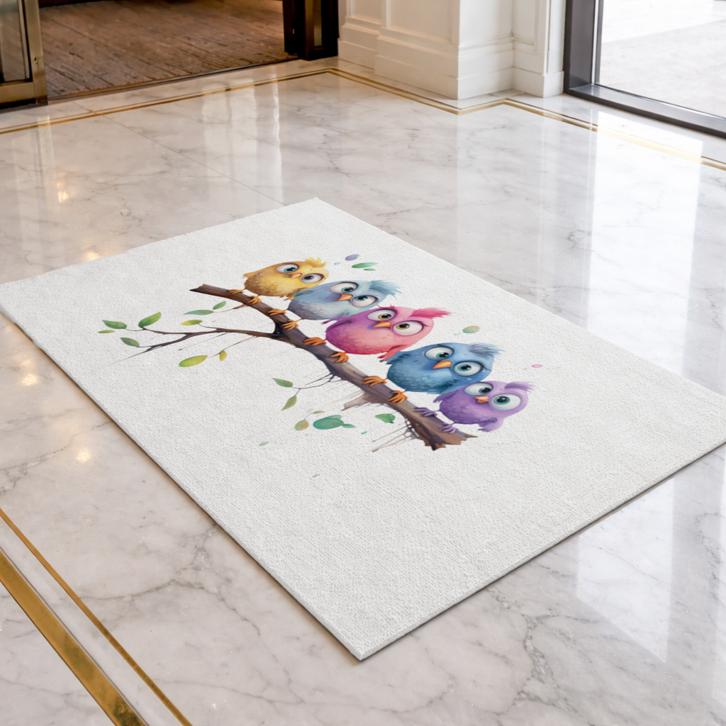 Five Colorful Kawaii Birds on Branch 