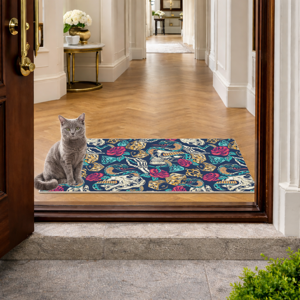 Skull Snake Dice and Roses Pattern Doormat