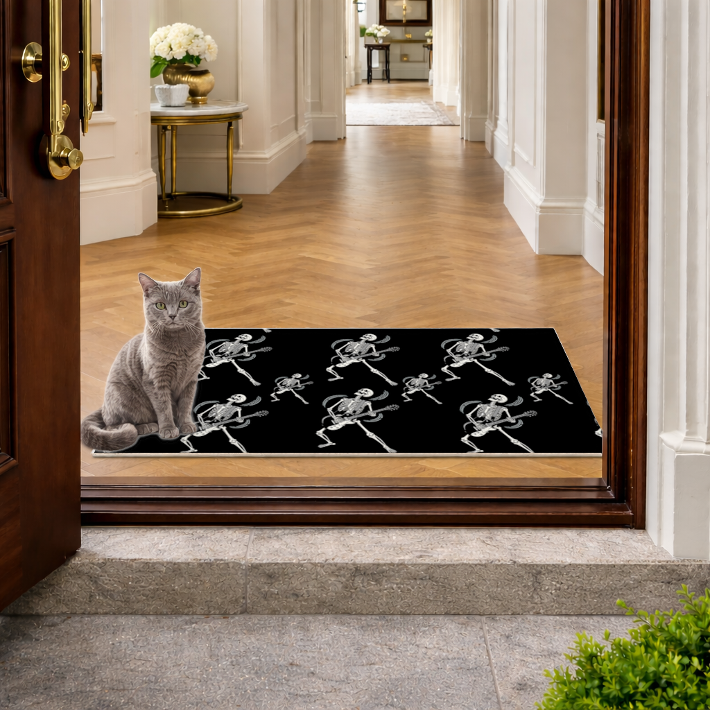 Rock Guitar Playing Skeleton Pattern on Black Doormat