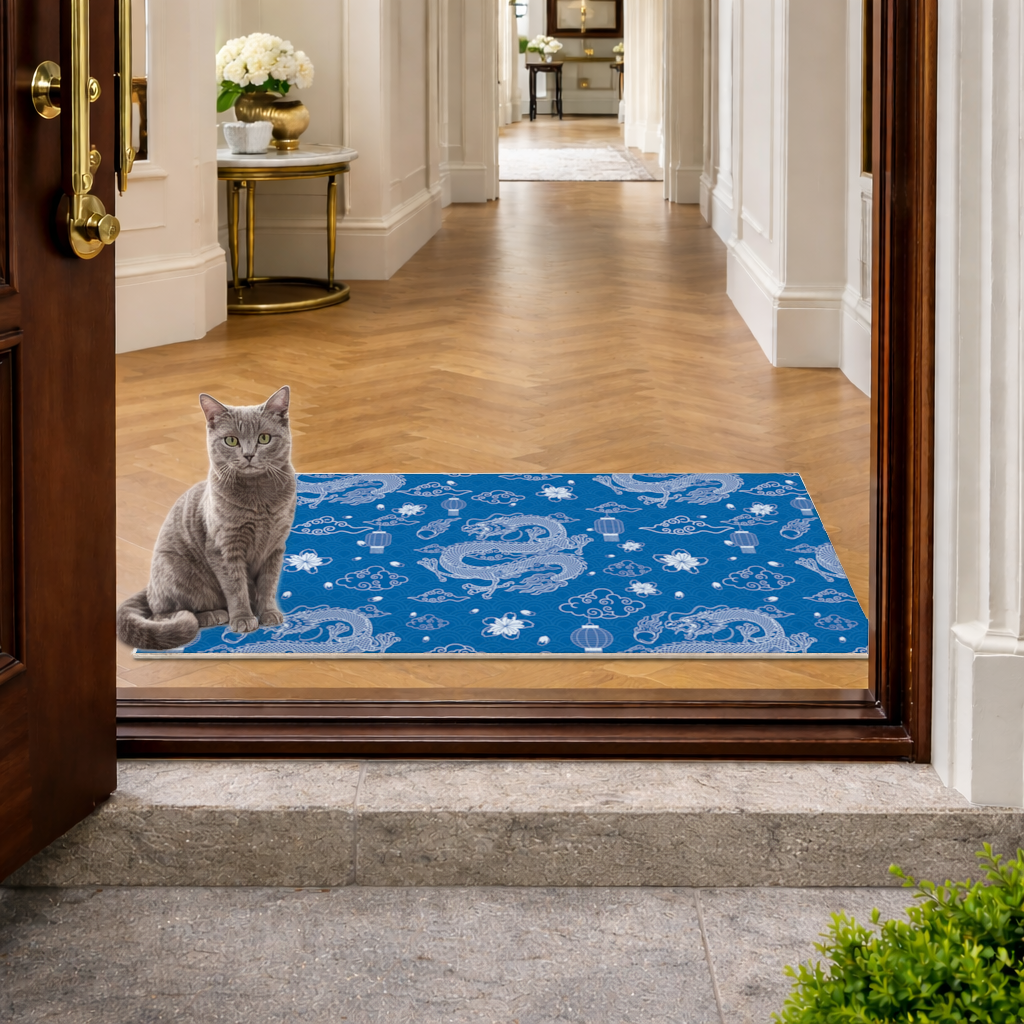 Traditional Dragon Pattern on Blue Background Doormat