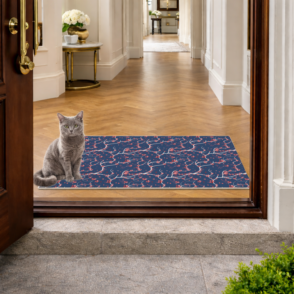 Lacivert Zemin Üzerinde Kırmızı Çiçekli Dal Deseni Kapı Önü Paspası