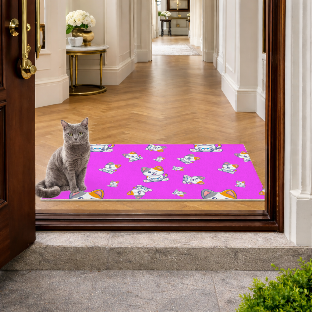 Cute Cartoon Cat Pattern on Pink Background Doormat