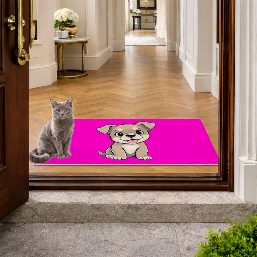 Cute Dog Illustration on Pink Background Doormat