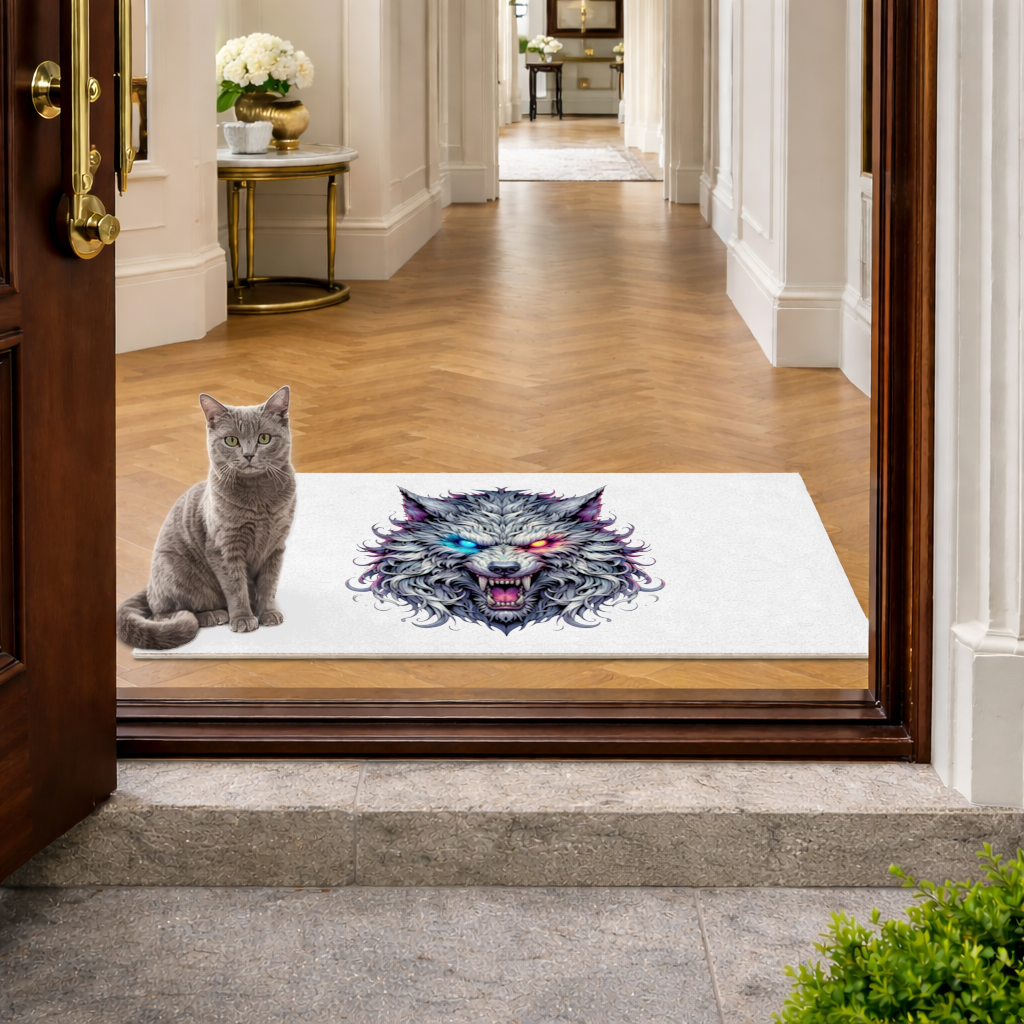 Fierce Wolf Head Illustration Heterochromia Eyes, Savage Wolf Doormat