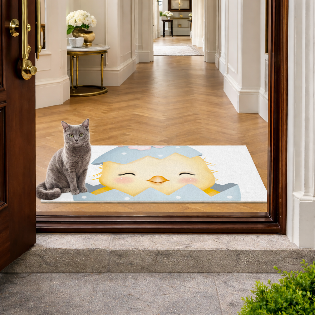 Cute Chick in Egg with Floral Hat Doormat