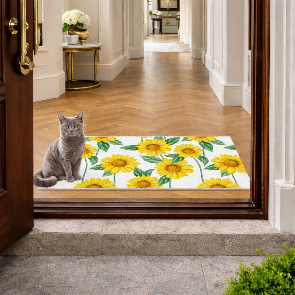 Vibrant Yellow Sunflower and Green Leaf Pattern Illustration Doormat