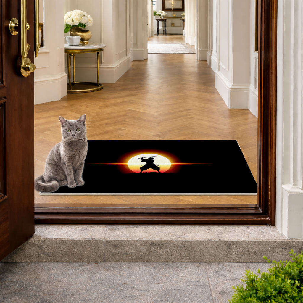 Samurai Silhouette Under the Rising Sun Honor and Strength Doormat