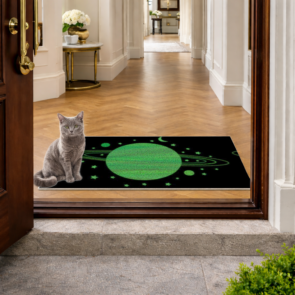 Green planets on a black background. 