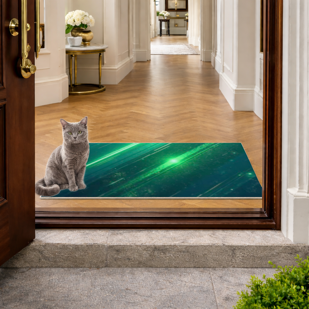 Siyah fon üstündeki parlak yeşil çizgiler. Kapı Önü Paspası