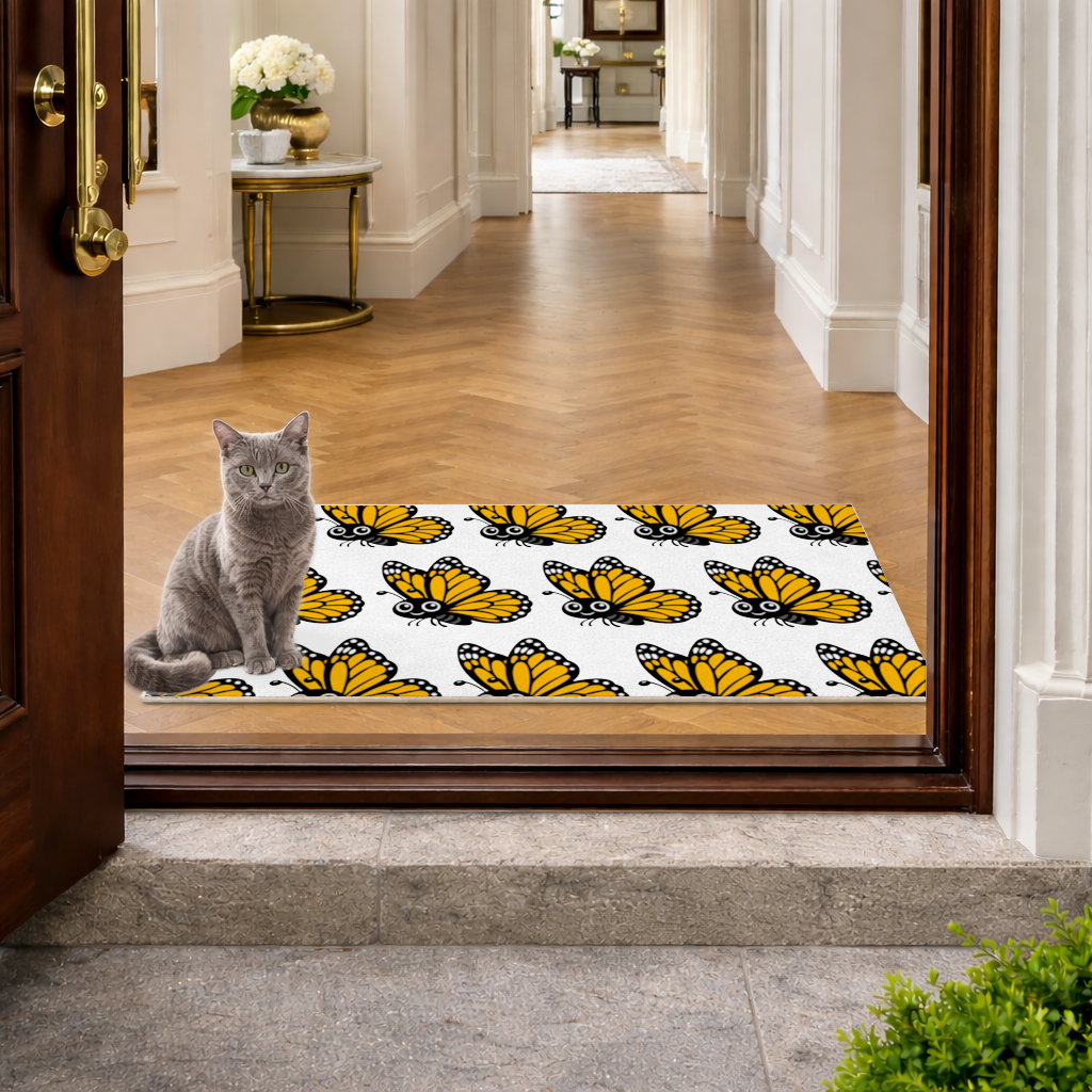Smiling Orange Monarch Butterfly Character Doormat