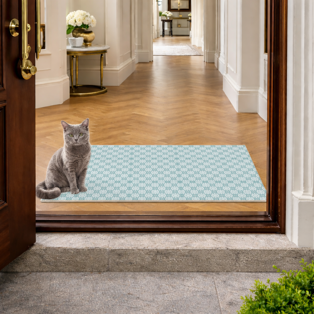 Blue Pixelated Geometric Ornament Pattern Doormat