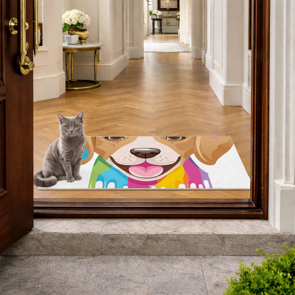 Renkli Boya Damlalı Mutlu Köpek Tasarımı Kapı Önü Paspası