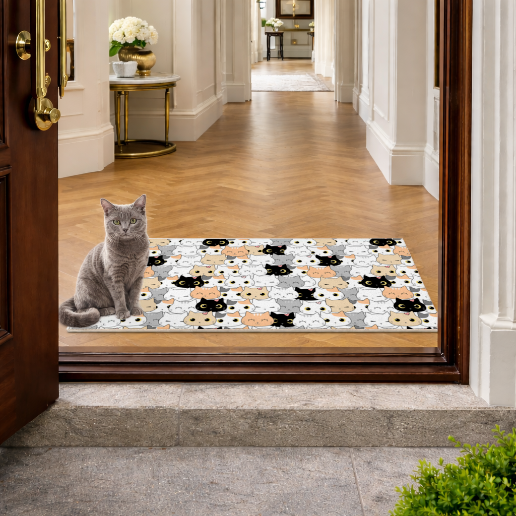 Colorful Cute Cat Faces Seamless Pattern Doormat