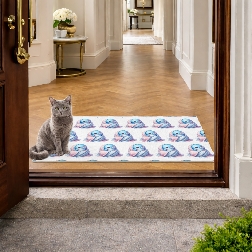 Kawaii Blue Bird in Blanket Doormat