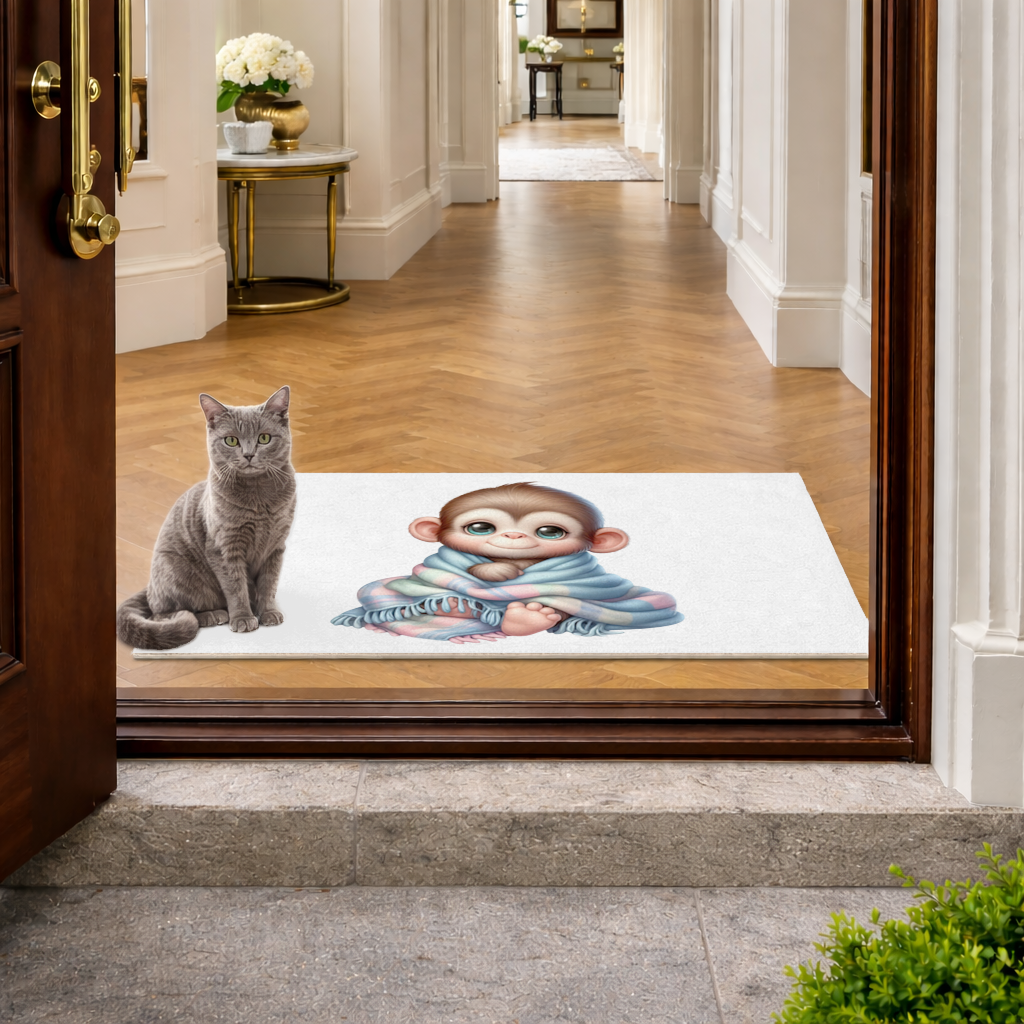 Cute Baby Monkey Wrapped in Blanket Doormat