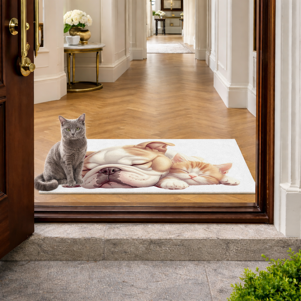 Sleeping Bulldog and Ginger Kitten Doormat