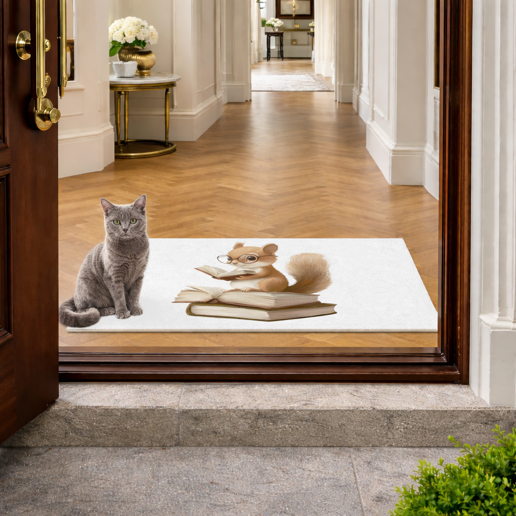 Scholarly Squirrel Reading on Book Stack Doormat