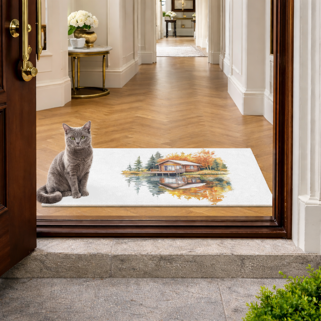 Lakeside Log Cabin Autumn Landscape Doormat