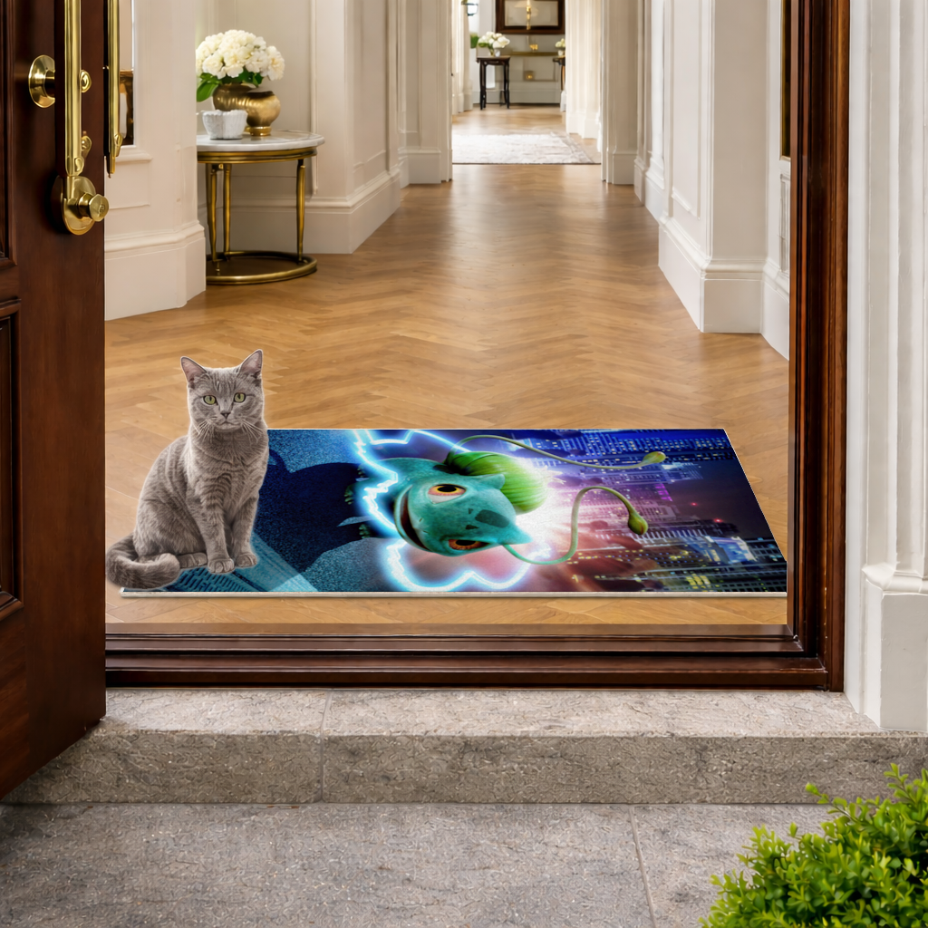 Glowing Neon Creature in Night City Doormat