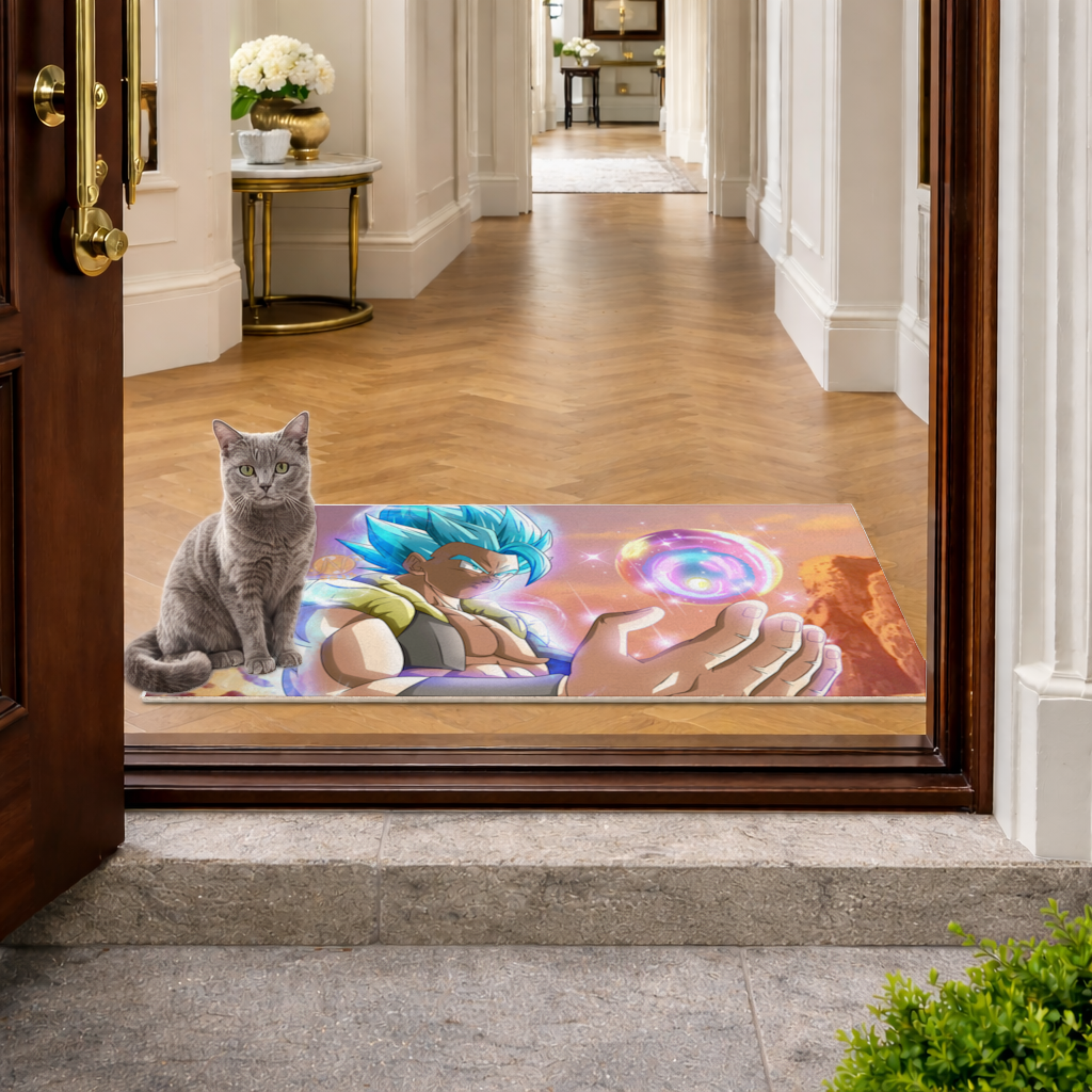 Blue Haired Warrior with Energy Orb Doormat